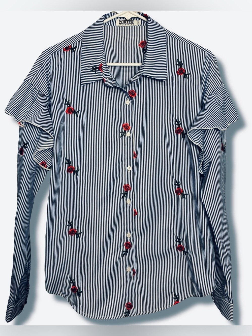 Porter Collective Striped Blue & White Floral Embroidered Button-Up Blouse Large